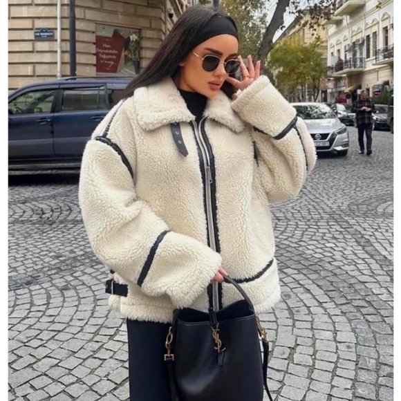 Zara Cream and Black Shearling Jacket - Picture 1 of 16